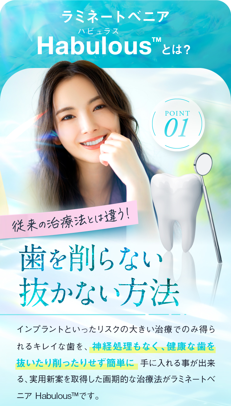 ラミネートベニアHabulous™とは？ Point01 従来の治療法とは違う！歯を削らない抜かない方法